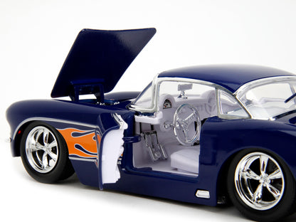 1957 Chevrolet Corvette Dark Blue with Flame Graphics and White Interior "Bigtime Muscle" Series 1/24 Diecast Model Car by Jada-DiecastModeler.com