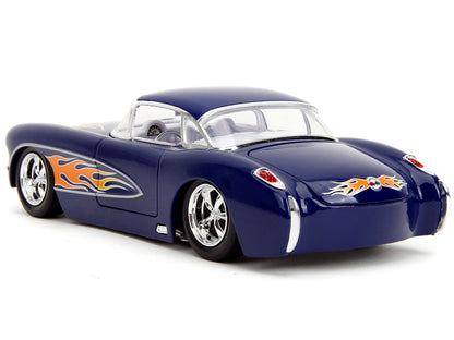 1957 Chevrolet Corvette Dark Blue with Flame Graphics and White Interior "Bigtime Muscle" Series 1/24 Diecast Model Car by Jada-DiecastModeler.com