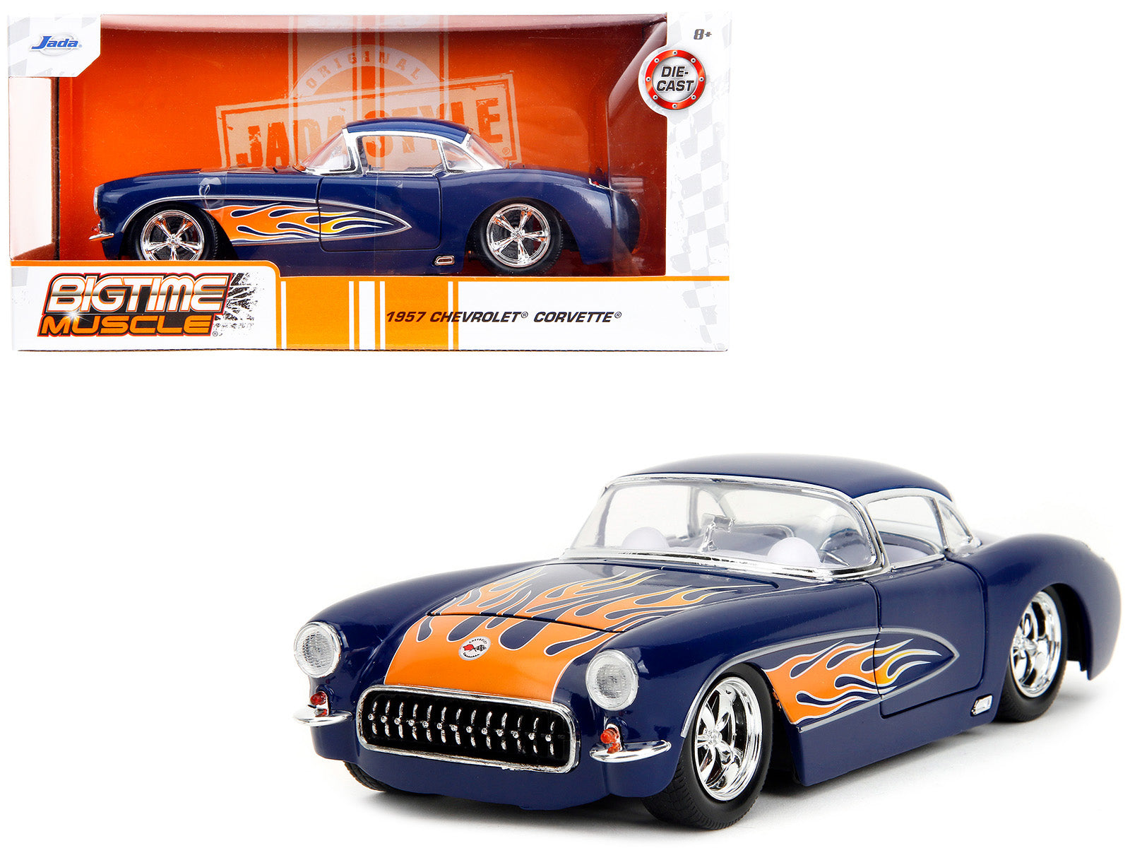 1957 Chevrolet Corvette Dark Blue with Flame Graphics and White Interior "Bigtime Muscle" Series 1/24 Diecast Model Car by Jada-DiecastModeler.com