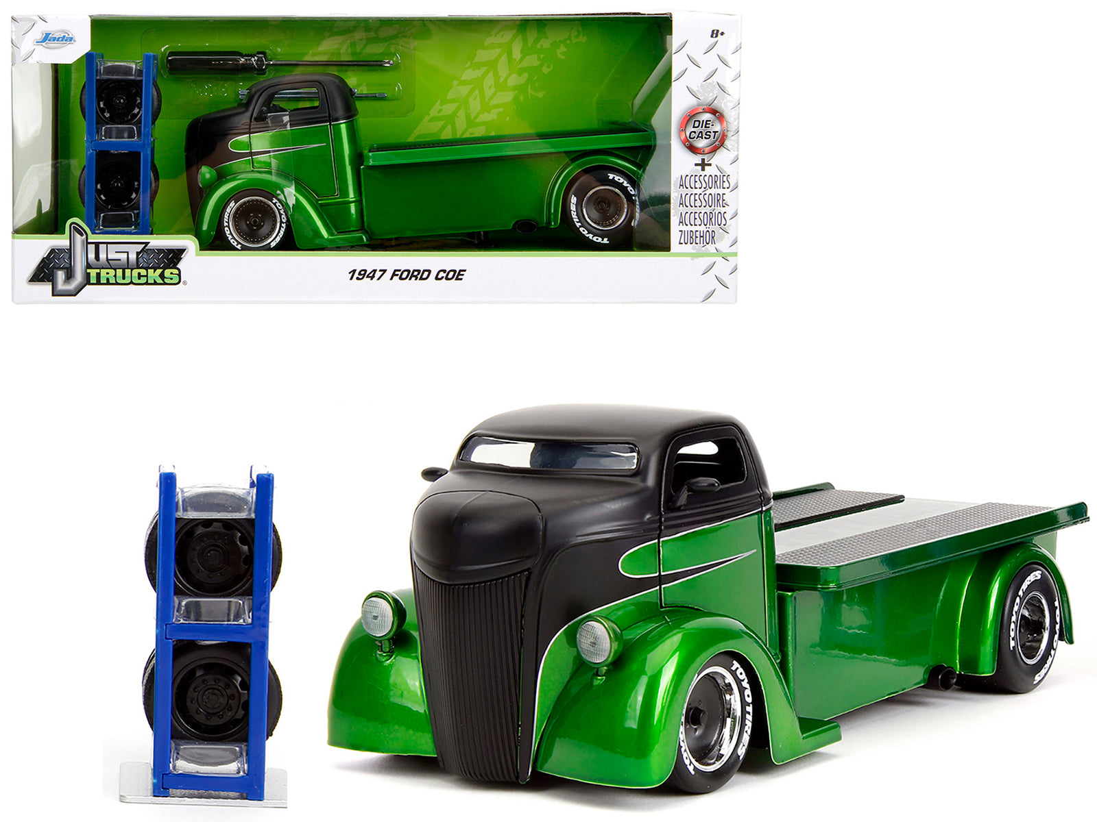 1947 Ford COE Flatbed Truck Green Metallic and Matt Black "Toyo Tires" with Extra Wheels "Just Trucks" Series 1/24 Diecast Model Car by Jada-DiecastModeler.com