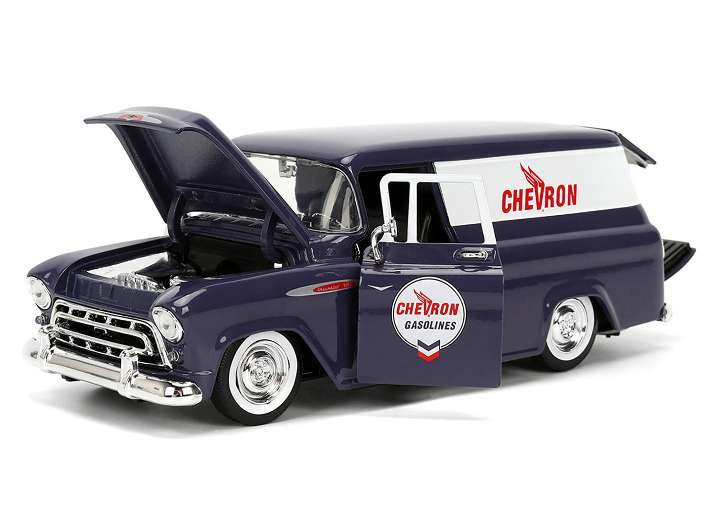 1957 Chevrolet Suburban "Chevron" Dark Blue with White Stripes and Chevron Gas Pump "Just Trucks" Series 1/24 Diecast Model Car by Jada-DiecastModeler.com