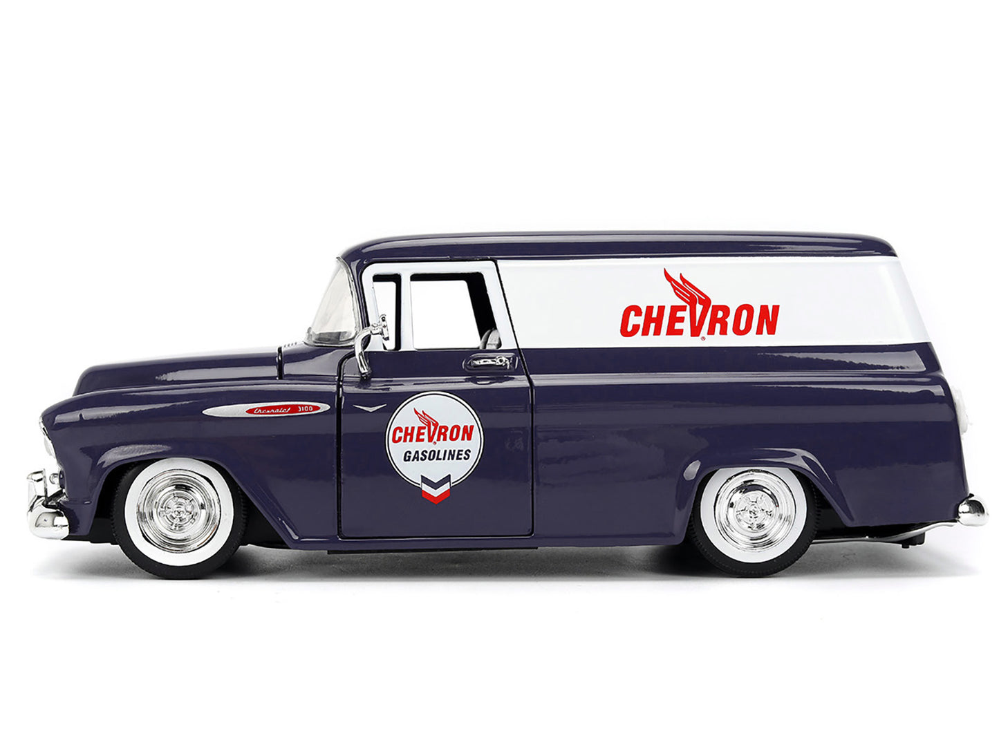 1957 Chevrolet Suburban "Chevron" Dark Blue with White Stripes and Chevron Gas Pump "Just Trucks" Series 1/24 Diecast Model Car by Jada