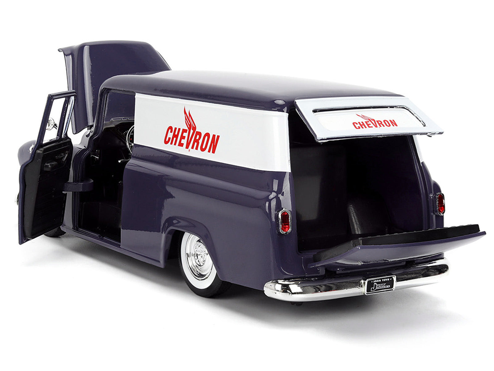 1957 Chevrolet Suburban "Chevron" Dark Blue with White Stripes and Chevron Gas Pump "Just Trucks" Series 1/24 Diecast Model Car by Jada-DiecastModeler.com