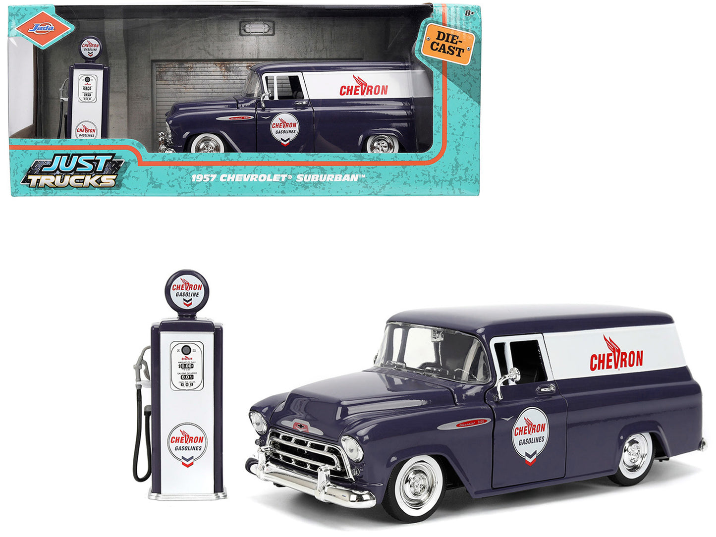 1957 Chevrolet Suburban "Chevron" Dark Blue with White Stripes and Chevron Gas Pump "Just Trucks" Series 1/24 Diecast Model Car by Jada-DiecastModeler.com