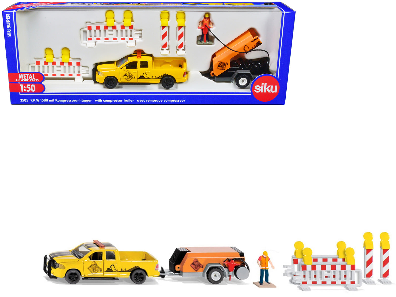 Ram 1500 Pickup Truck Yellow with Compressor Trailer and Worker Figure with Accessories Set 1/50 Diecast Models by Siku-DiecastModeler.com