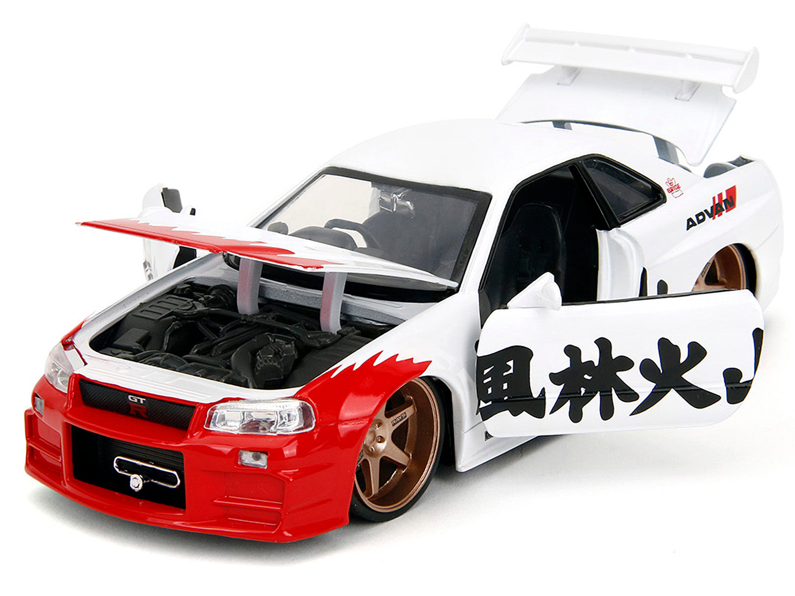 2002 Nissan Skyline GT-R (R34) RHD (Right Hand Drive) White with Red Graphics and Ryu Diecast Figure "Street Fighter" Video Game "Anime Hollywood Rides" Series 1/24 Diecast Model Car by Jada-DiecastModeler.com