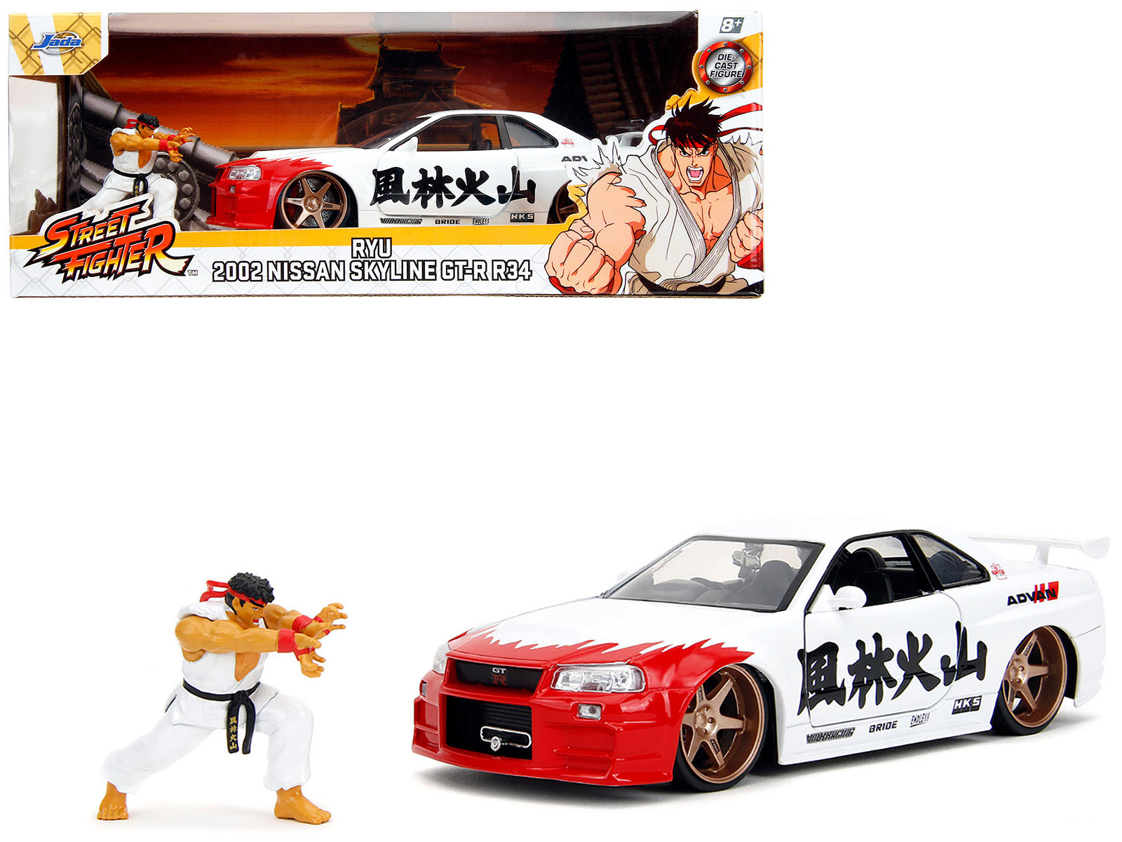 2002 Nissan Skyline GT-R (R34) RHD (Right Hand Drive) White with Red Graphics and Ryu Diecast Figure "Street Fighter" Video Game "Anime Hollywood Rides" Series 1/24 Diecast Model Car by Jada-DiecastModeler.com