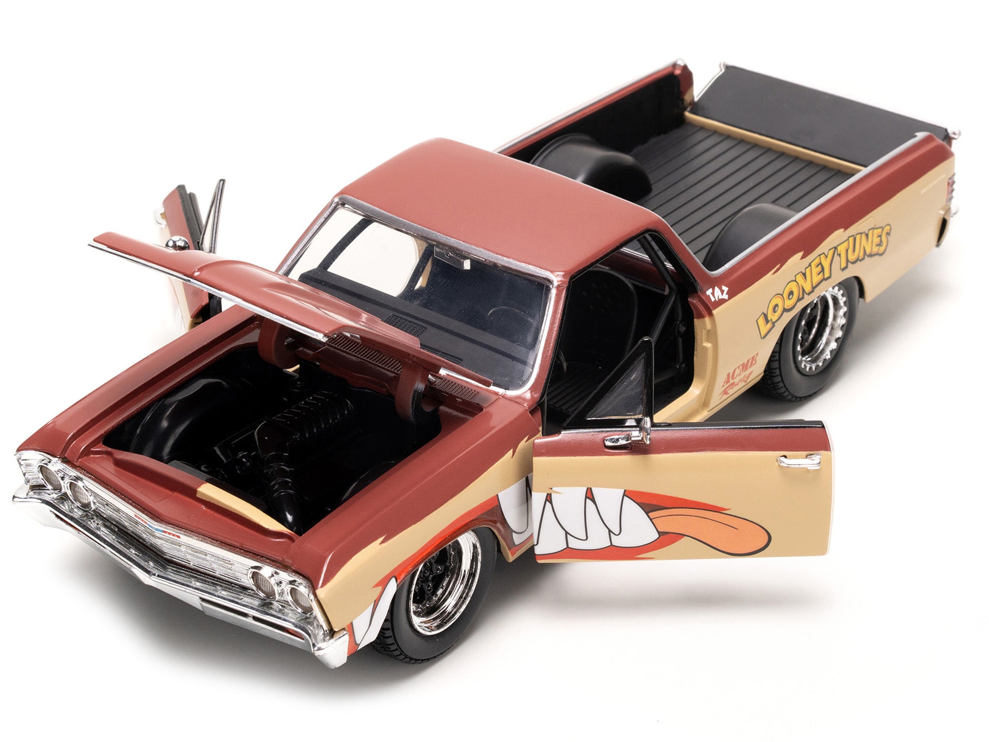 1967 Chevrolet El Camino Brown and Beige with Graphics and Tasmanian Devil (Taz) Diecast Figure "Looney Tunes" "Hollywood Rides" Series 1/24 Diecast Model Car by Jada-DiecastModeler.com