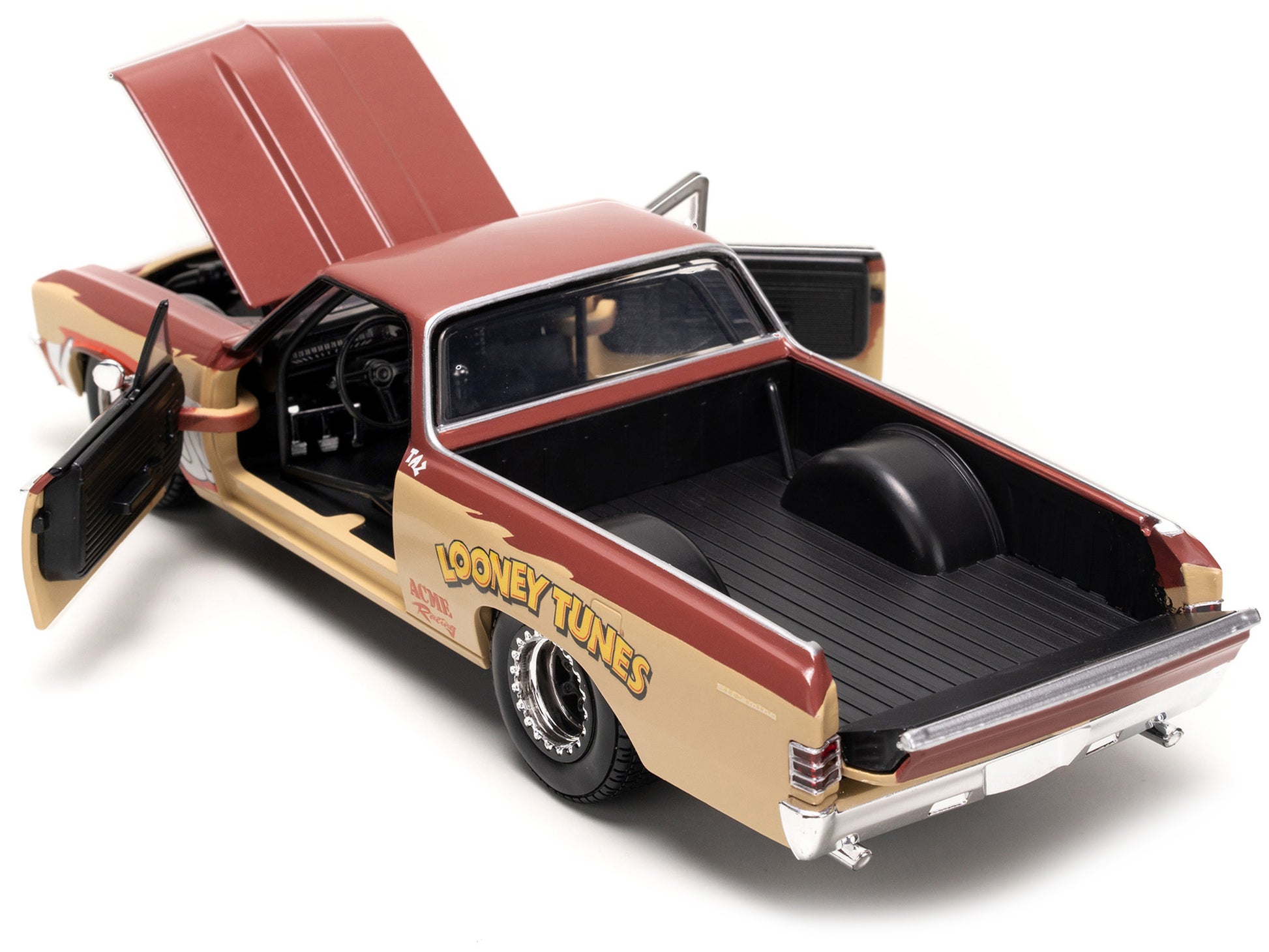 1967 Chevrolet El Camino Brown and Beige with Graphics and Tasmanian Devil (Taz) Diecast Figure "Looney Tunes" "Hollywood Rides" Series 1/24 Diecast Model Car by Jada-DiecastModeler.com
