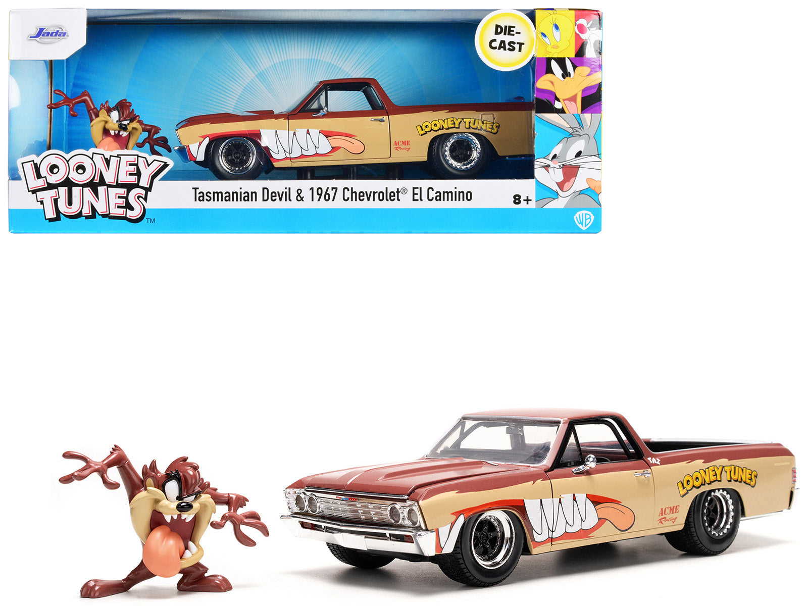1967 Chevrolet El Camino Brown and Beige with Graphics and Tasmanian Devil (Taz) Diecast Figure "Looney Tunes" "Hollywood Rides" Series 1/24 Diecast Model Car by Jada-DiecastModeler.com