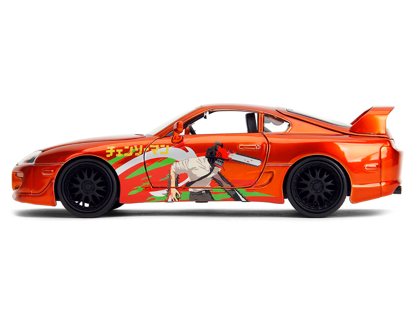 1995 Toyota Supra Orange Metallic with Graphics and Chainsaw Man Diecast Figure "Chainsaw Man" (2022) TV Series "Anime Hollywood Rides" Series 1/24 Diecast Model by Jada