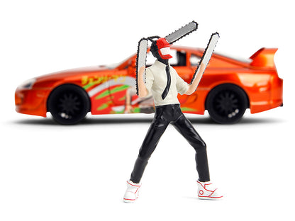 1995 Toyota Supra Orange Metallic with Graphics and Chainsaw Man Diecast Figure "Chainsaw Man" (2022) TV Series "Anime Hollywood Rides" Series 1/24 Diecast Model by Jada