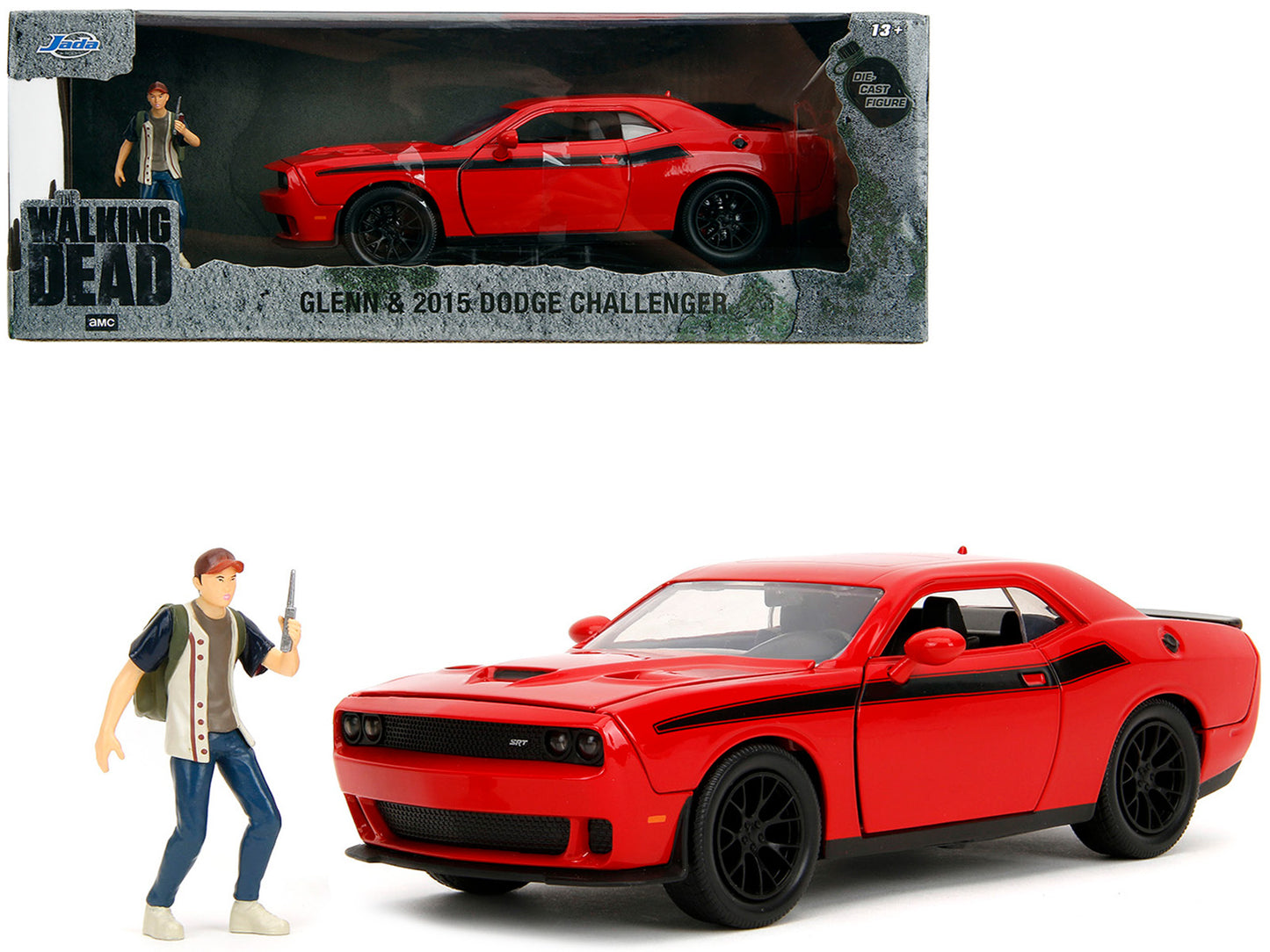 2015 Dodge Challenger Red with Black Stripes and Glenn Diecast Figure "The Walking Dead" (2010-2022) TV Series "Hollywood Rides" Series 1/24 Diecast Model Car by Jada-DiecastModeler.com