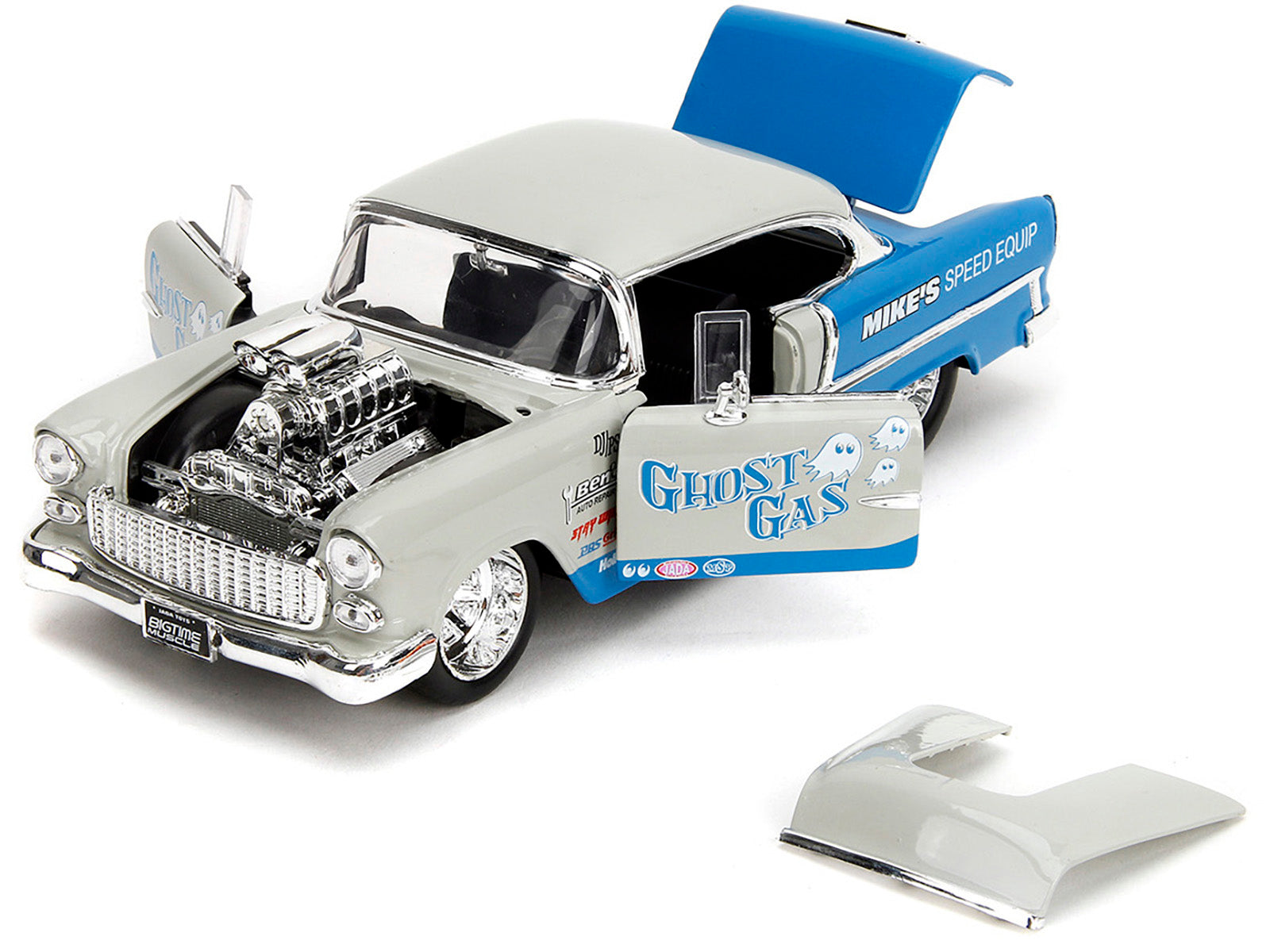 1955 Chevrolet Bel Air "Ghost Gas - Mike's Speed Equip" Light Gray and Blue "Bigtime Muscle" Series 1/24 Diecast Model Car by Jada-DiecastModeler.com