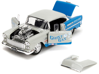 1955 Chevrolet Bel Air "Ghost Gas - Mike's Speed Equip" Light Gray and Blue "Bigtime Muscle" Series 1/24 Diecast Model Car by Jada-DiecastModeler.com