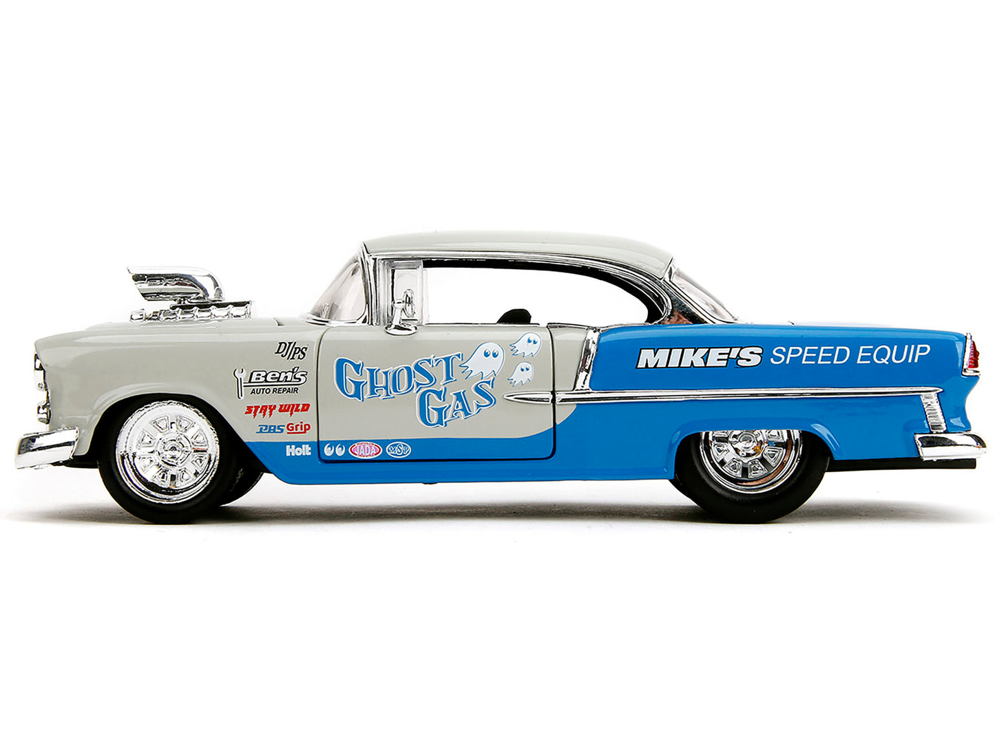 1955 Chevrolet Bel Air "Ghost Gas - Mike's Speed Equip" Light Gray and Blue "Bigtime Muscle" Series 1/24 Diecast Model Car by Jada-DiecastModeler.com