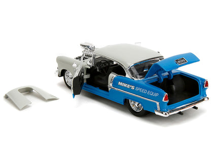 1955 Chevrolet Bel Air "Ghost Gas - Mike's Speed Equip" Light Gray and Blue "Bigtime Muscle" Series 1/24 Diecast Model Car by Jada