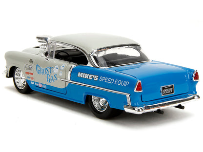 1955 Chevrolet Bel Air "Ghost Gas - Mike's Speed Equip" Light Gray and Blue "Bigtime Muscle" Series 1/24 Diecast Model Car by Jada