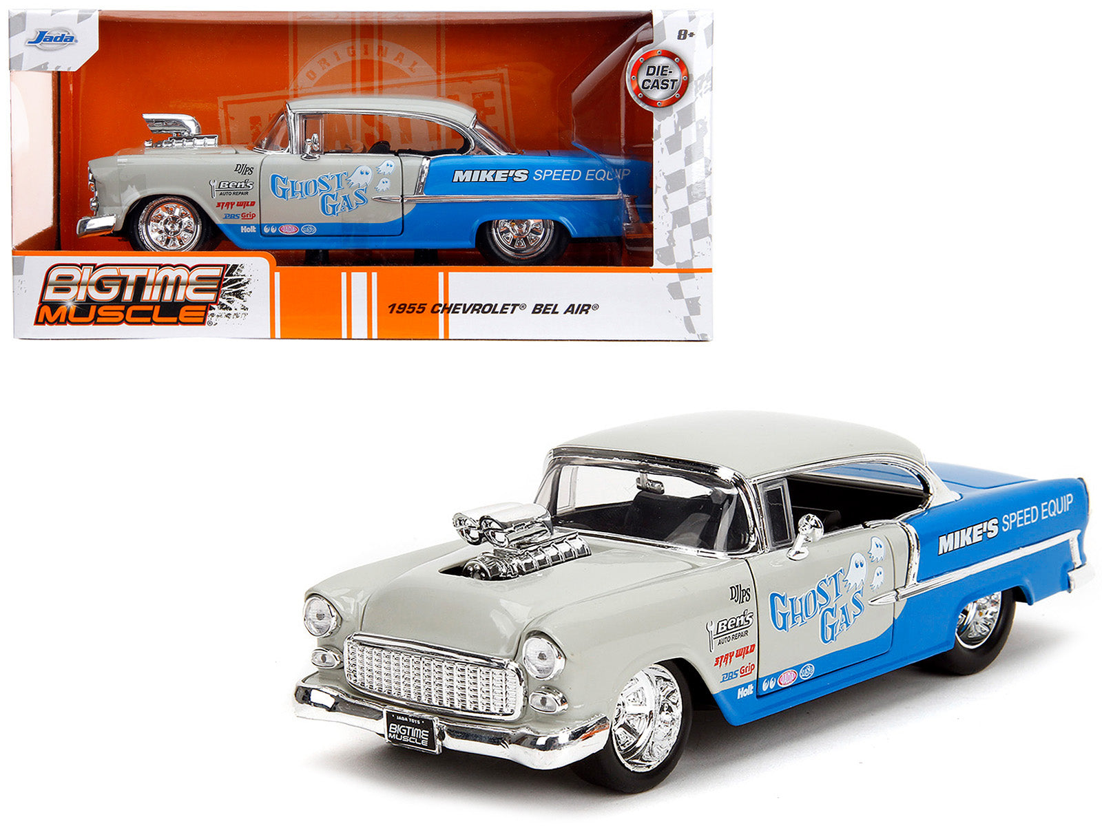 1955 Chevrolet Bel Air "Ghost Gas - Mike's Speed Equip" Light Gray and Blue "Bigtime Muscle" Series 1/24 Diecast Model Car by Jada-DiecastModeler.com