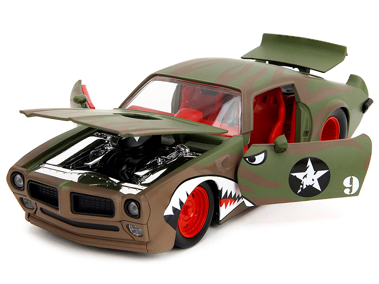 1972 Pontiac Firebird #9 Green Camouflage Flames with Graphics and Red Interior "Bigtime Muscle" Series 1/24 Diecast Model Car by Jada-DiecastModeler.com
