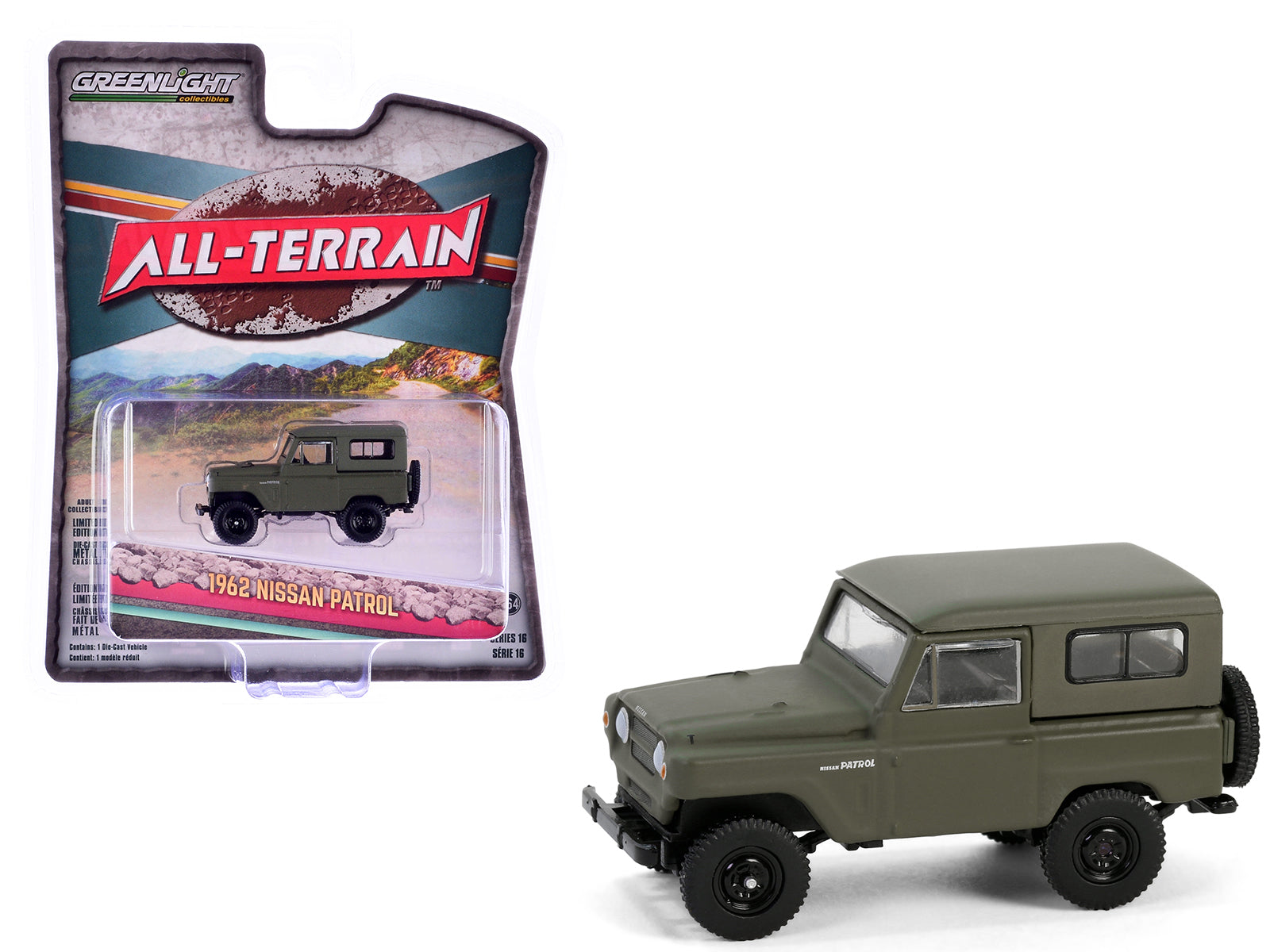 1962 Nissan Patrol Matt Olive Green "All Terrain" Series 16 1/64 Diecast Model Car by Greenlight-DiecastModeler.com