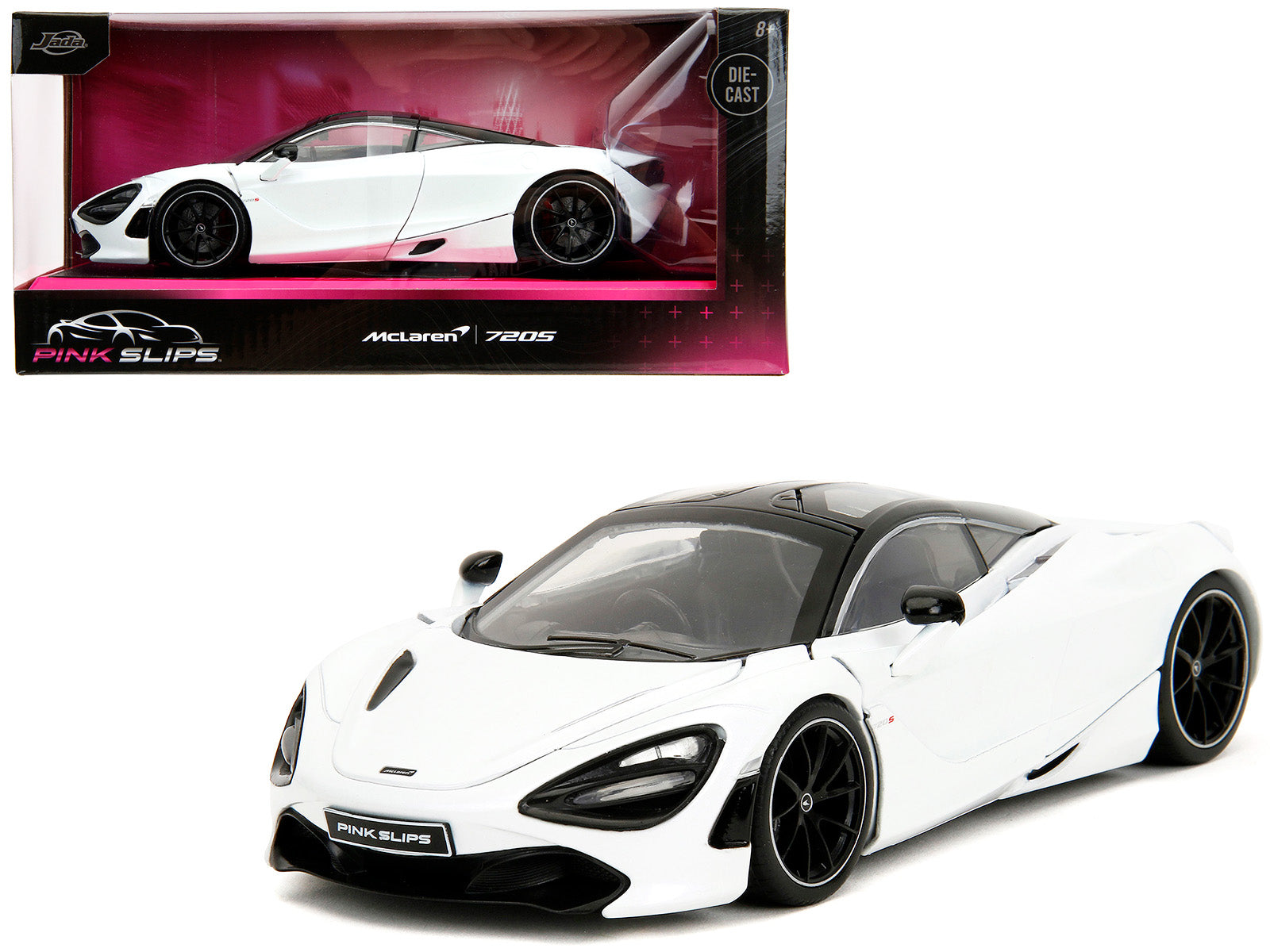 McLaren 720S White Metallic with Black Top "Pink Slips" Series 1/24 Diecast Model Car by Jada-DiecastModeler.com