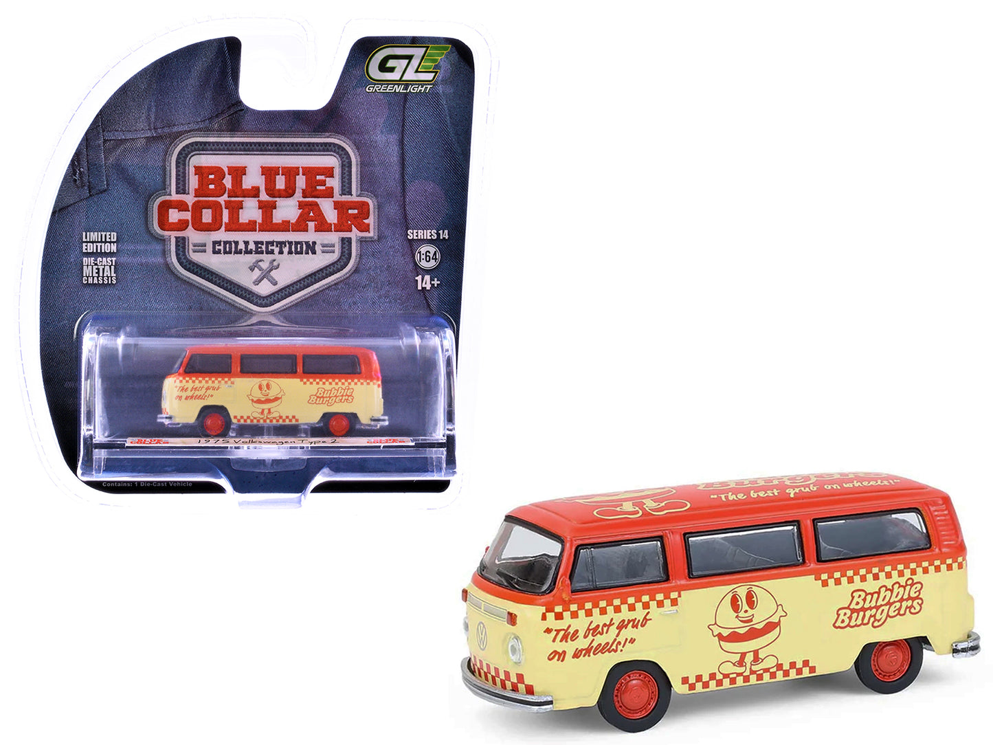 1975 Volkswagen Type 2 Van "Bubbie Burgers Food Truck" Orange and Cream "Blue Collar Collection" Series 14 1/64 Diecast Model Car by Greenlight-DiecastModeler.com