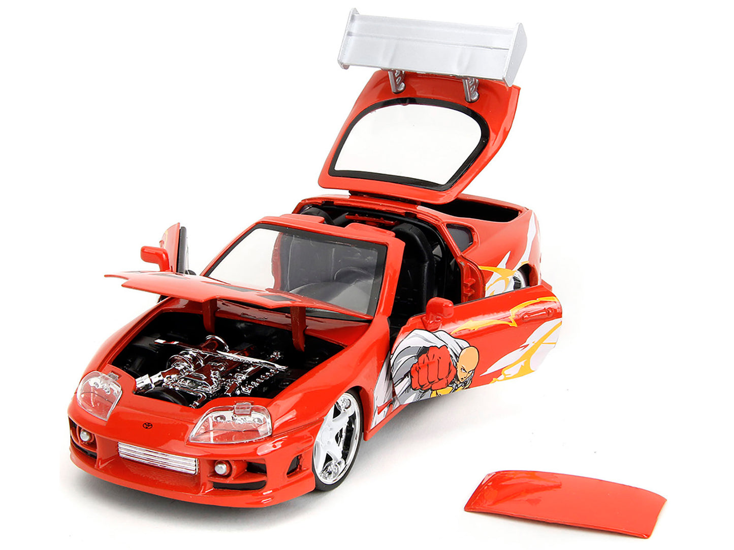 1995 Toyota Supra Red with Graphics and Saitama Diecast Figure "One Punch Man" (2015-2019) TV Series 1/24 Diecast Model by Jada-DiecastModeler.com