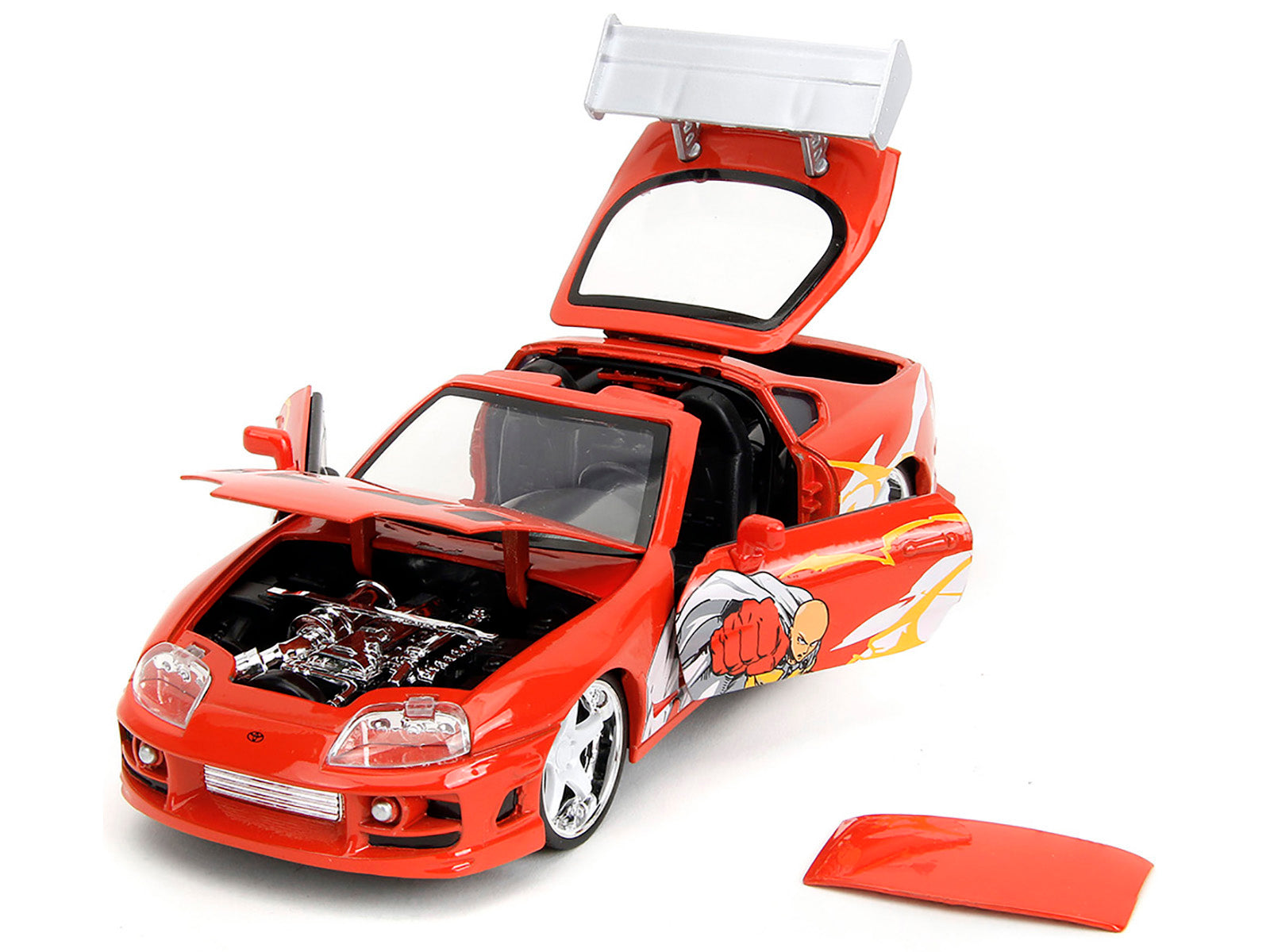 1995 Toyota Supra Red with Graphics and Saitama Diecast Figure "One Punch Man" (2015-2019) TV Series 1/24 Diecast Model by Jada-DiecastModeler.com