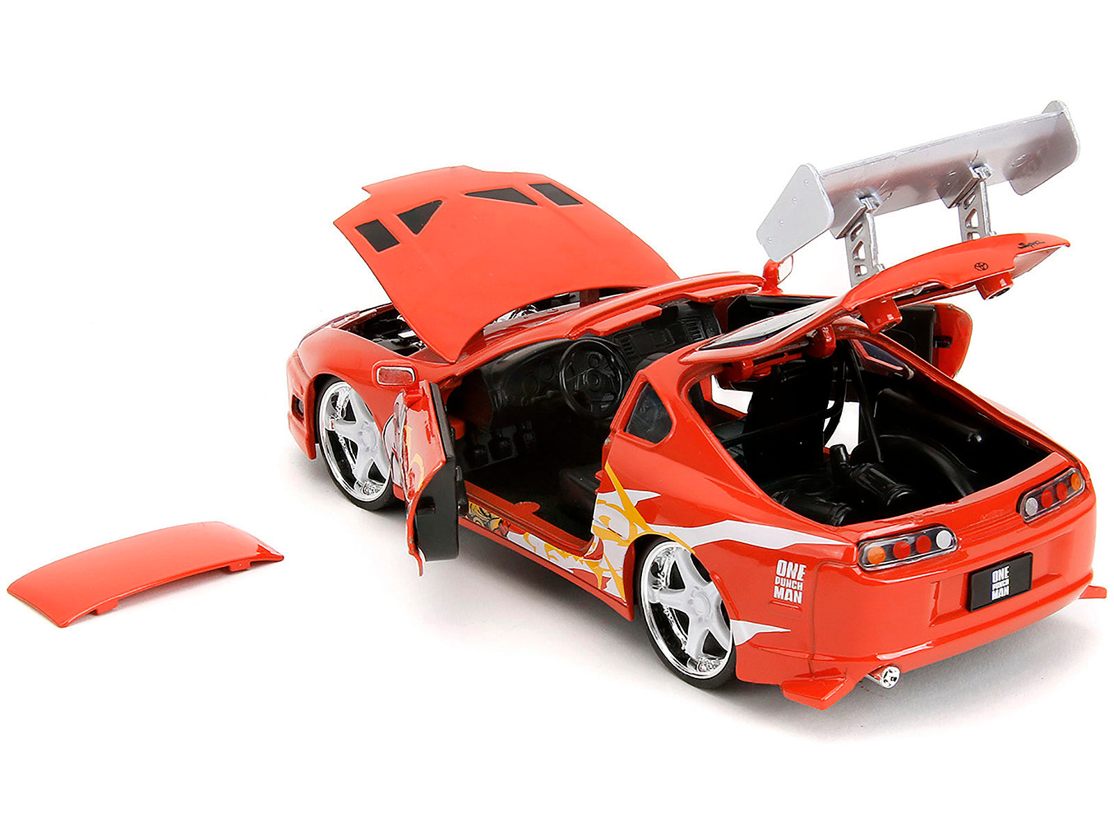 1995 Toyota Supra Red with Graphics and Saitama Diecast Figure "One Punch Man" (2015-2019) TV Series 1/24 Diecast Model by Jada-DiecastModeler.com