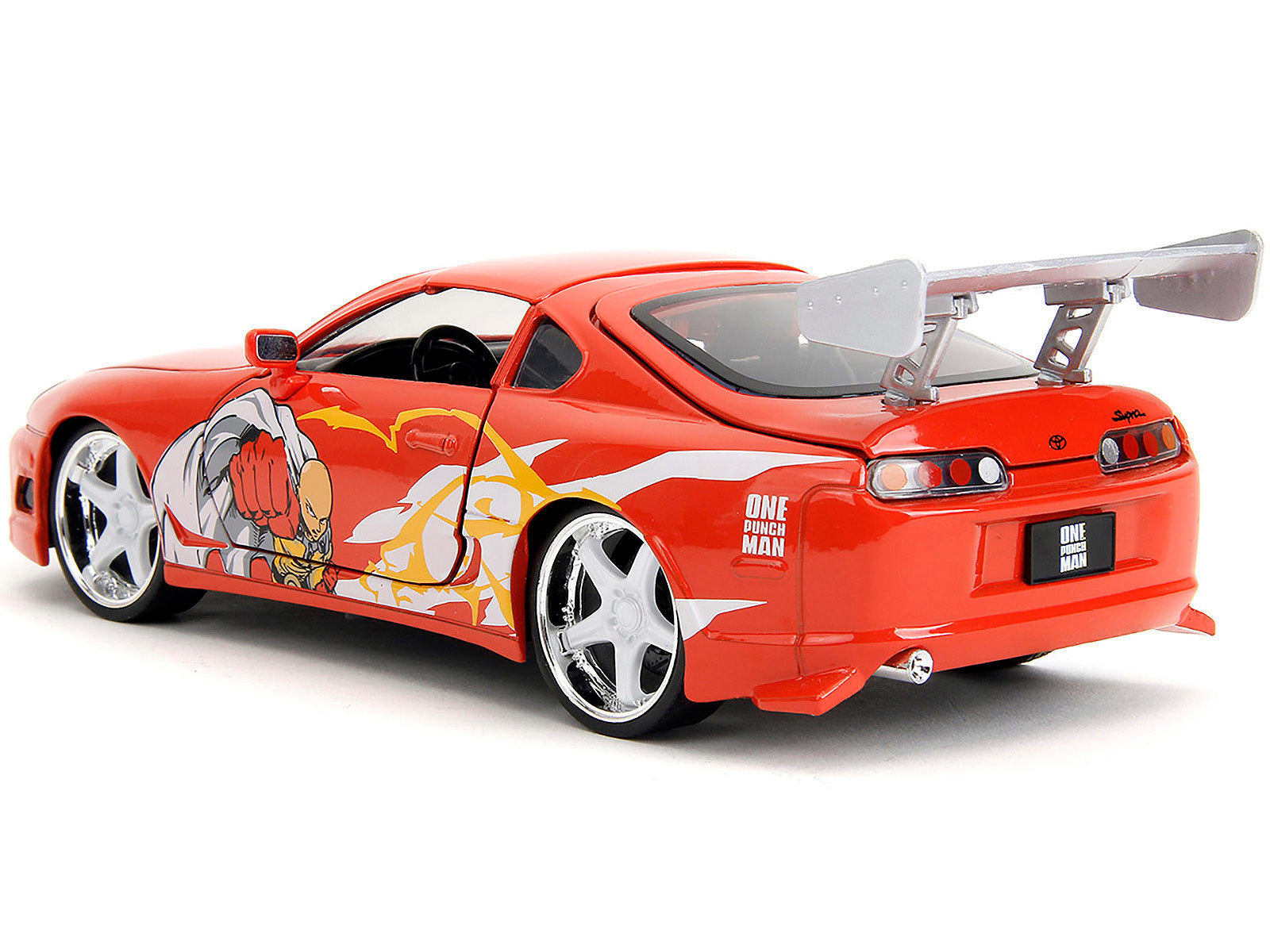 1995 Toyota Supra Red with Graphics and Saitama Diecast Figure "One Punch Man" (2015-2019) TV Series 1/24 Diecast Model by Jada-DiecastModeler.com