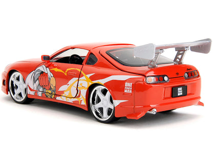 1995 Toyota Supra Red with Graphics and Saitama Diecast Figure "One Punch Man" (2015-2019) TV Series 1/24 Diecast Model by Jada-DiecastModeler.com