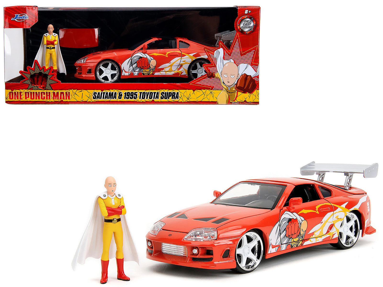 1995 Toyota Supra Red with Graphics and Saitama Diecast Figure "One Punch Man" (2015-2019) TV Series 1/24 Diecast Model by Jada-DiecastModeler.com
