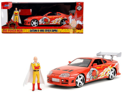 1995 Toyota Supra Red with Graphics and Saitama Diecast Figure "One Punch Man" (2015-2019) TV Series 1/24 Diecast Model by Jada-DiecastModeler.com