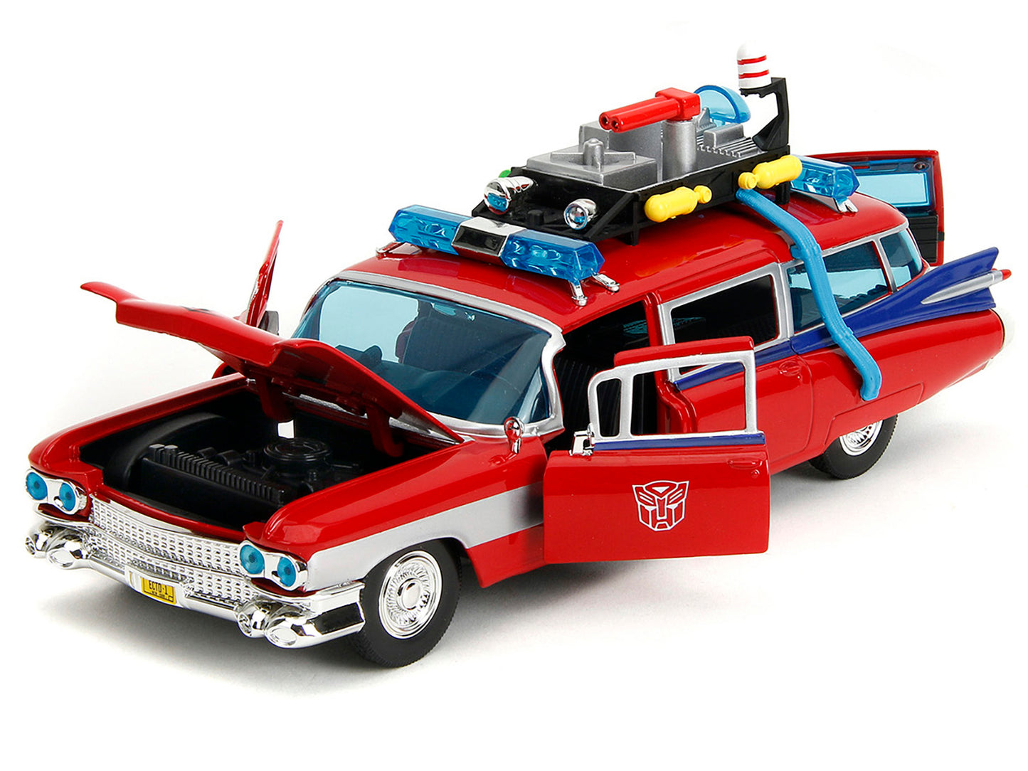 1959 Cadillac Ambulance Ecto-1 Red "Transformers" TV Series - "Ghostbusters" (1984) Movie Crossover "Hollywood Rides" Series 1/24 Diecast Model Car by Jada-DiecastModeler.com
