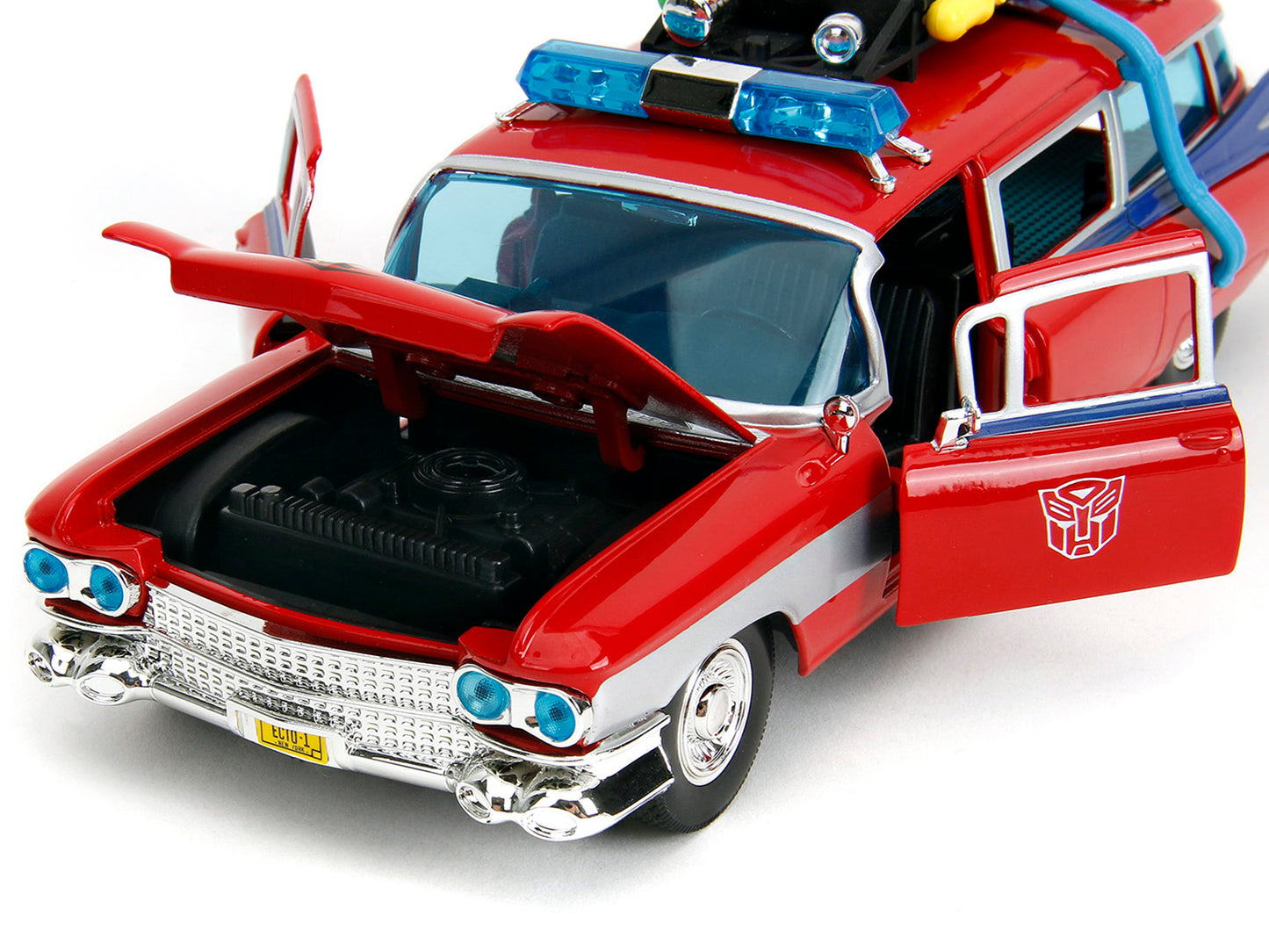 1959 Cadillac Ambulance Ecto-1 Red "Transformers" TV Series - "Ghostbusters" (1984) Movie Crossover "Hollywood Rides" Series 1/24 Diecast Model Car by Jada-DiecastModeler.com