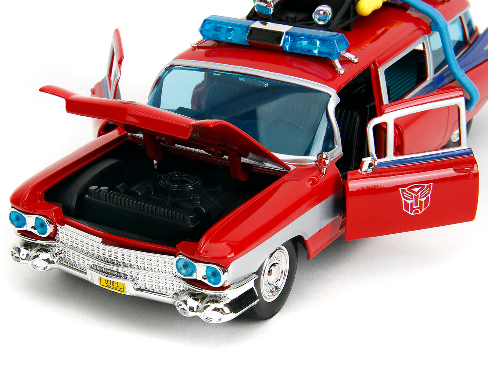 1959 Cadillac Ambulance Ecto-1 Red "Transformers" TV Series - "Ghostbusters" (1984) Movie Crossover "Hollywood Rides" Series 1/24 Diecast Model Car by Jada-DiecastModeler.com