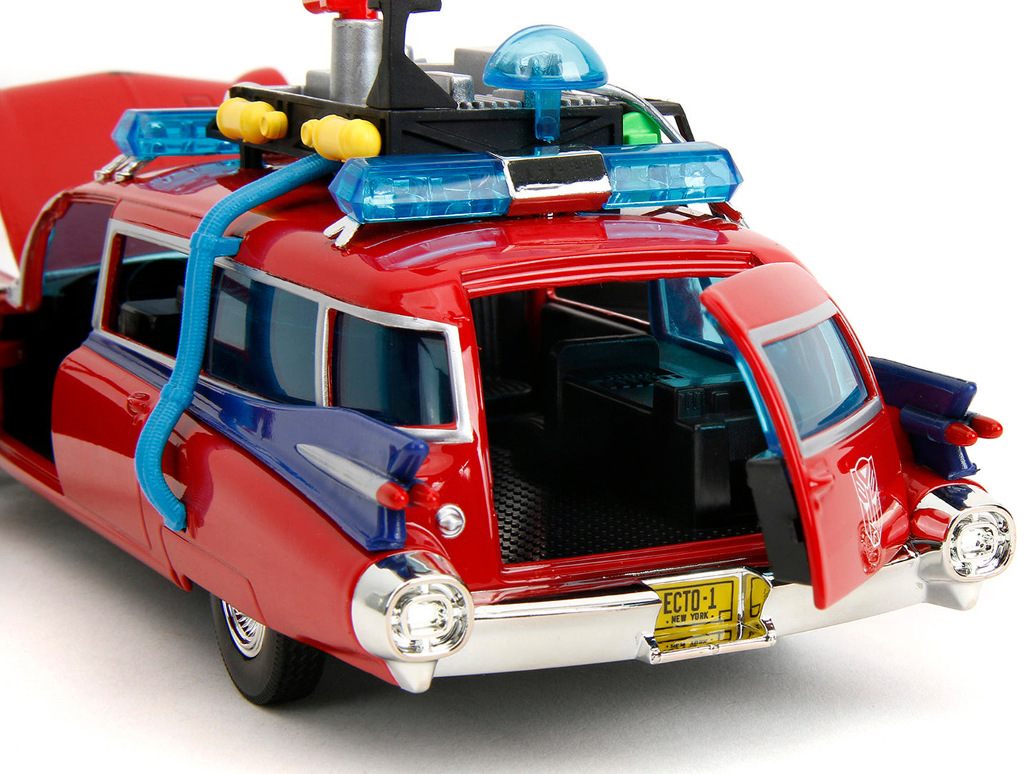 1959 Cadillac Ambulance Ecto-1 Red "Transformers" TV Series - "Ghostbusters" (1984) Movie Crossover "Hollywood Rides" Series 1/24 Diecast Model Car by Jada-DiecastModeler.com
