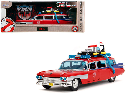 1959 Cadillac Ambulance Ecto-1 Red "Transformers" TV Series - "Ghostbusters" (1984) Movie Crossover "Hollywood Rides" Series 1/24 Diecast Model Car by Jada-DiecastModeler.com