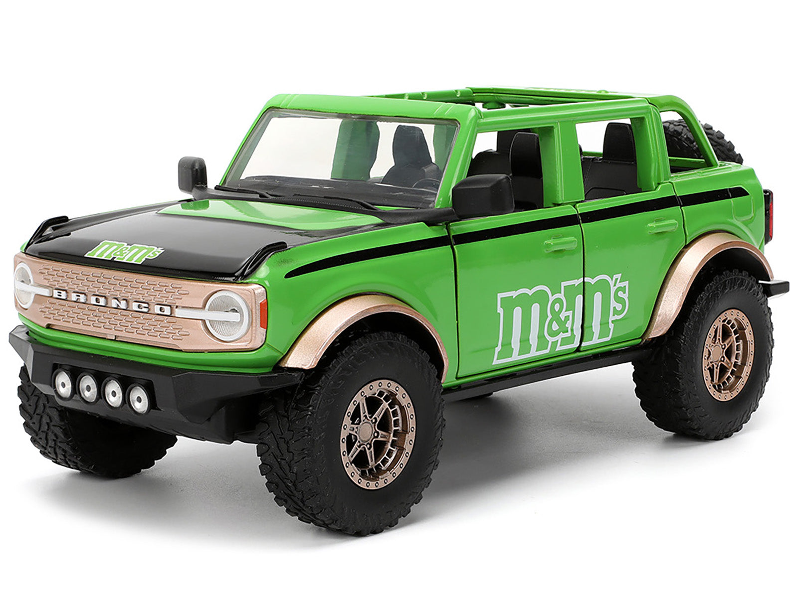 2021 Ford Bronco Green with Black Stripes and Green M&M's Diecast Figure "Hollywood Rides" Series 1/24 Diecast Model Car by Jada-DiecastModeler.com