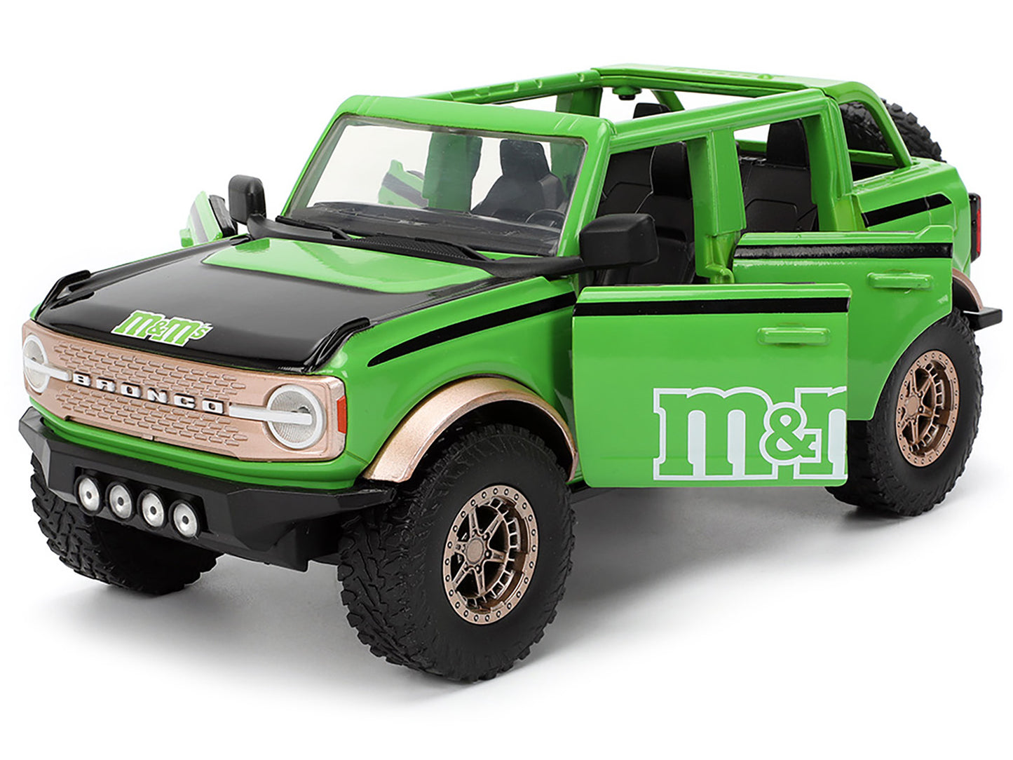 2021 Ford Bronco Green with Black Stripes and Green M&M's Diecast Figure "Hollywood Rides" Series 1/24 Diecast Model Car by Jada-DiecastModeler.com