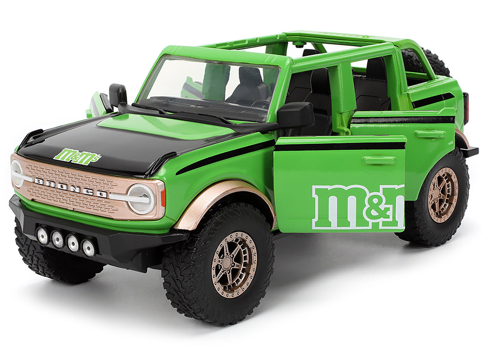2021 Ford Bronco Green with Black Stripes and Green M&M's Diecast Figure "Hollywood Rides" Series 1/24 Diecast Model Car by Jada-DiecastModeler.com