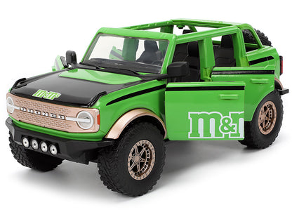 2021 Ford Bronco Green with Black Stripes and Green M&M's Diecast Figure "Hollywood Rides" Series 1/24 Diecast Model Car by Jada-DiecastModeler.com