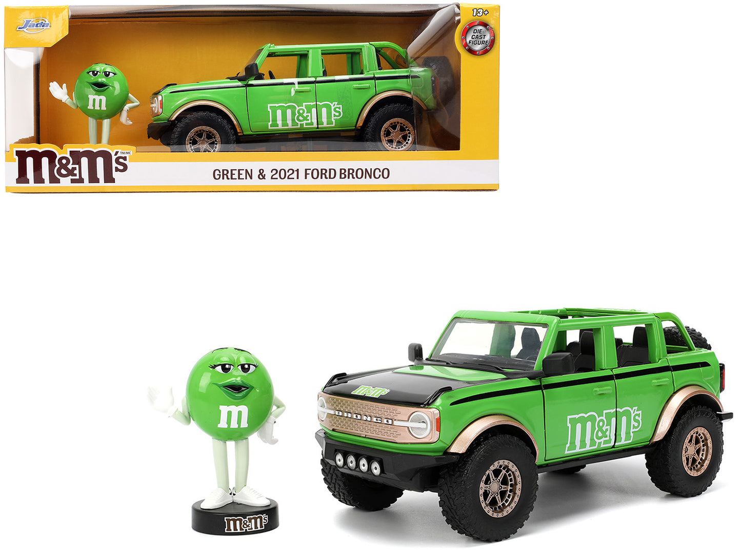 2021 Ford Bronco Green with Black Stripes and Green M&M's Diecast Figure "Hollywood Rides" Series 1/24 Diecast Model Car by Jada-DiecastModeler.com