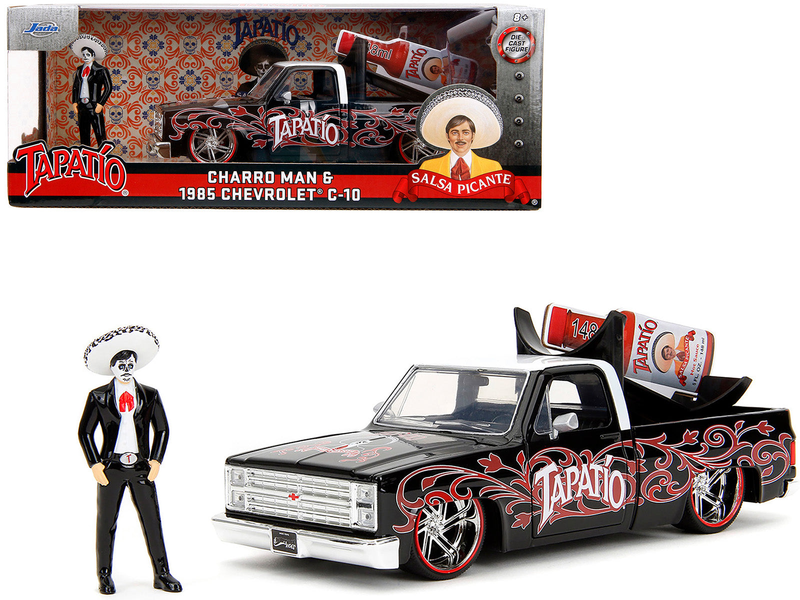 1985 Chevrolet C-10 Pickup Truck Black with White Top and Graphics with Charro Man Diecast Figure "Tapatio" 1/24 Diecast Model Car by Jada-DiecastModeler.com