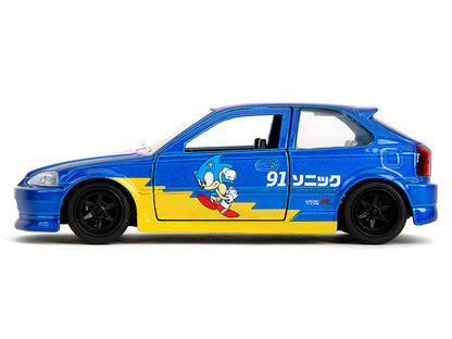 1997 Honda Civic Type R Blue Metallic with Graphics "Sonic the Hedgehog" (1991) Video Game "Hollywood Rides" Series 1/32 Diecast Model Car by Jada-DiecastModeler.com