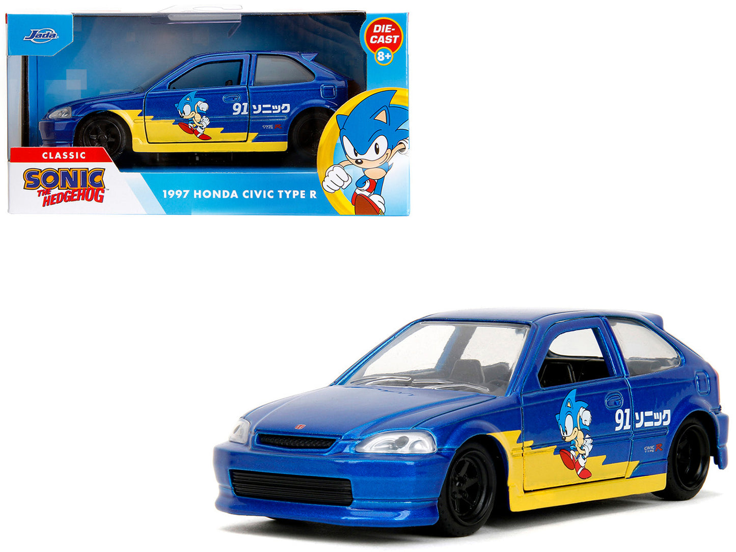 1997 Honda Civic Type R Blue Metallic with Graphics "Sonic the Hedgehog" (1991) Video Game "Hollywood Rides" Series 1/32 Diecast Model Car by Jada-DiecastModeler.com