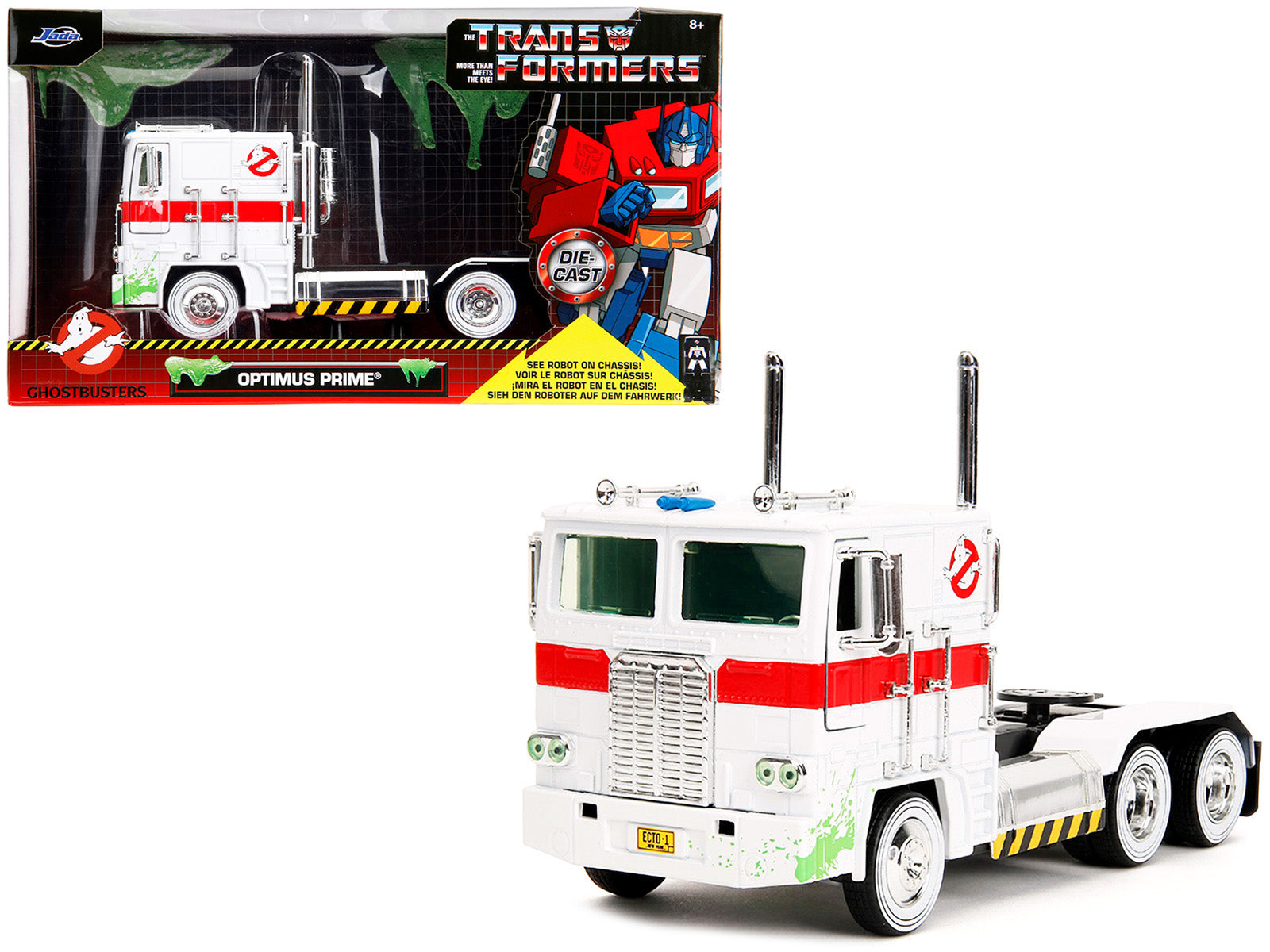 G1 Autobot Optimus Prime Truck White with Robot on Chassis from "Transformers" TV Series - "Ghostbusters" (1984) Movie Crossover "Hollywood Rides" Series 1/24 Diecast Model by Jada-DiecastModeler.com