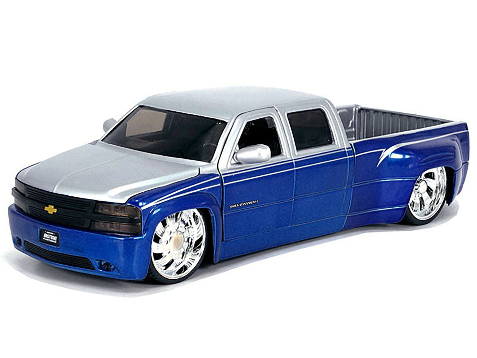 1999 Chevrolet Silverado Dually Pickup Truck Blue Metallic and Silver with Custom KMC Wheels "Just Trucks" Series 1/24 Diecast Model Car by Jada-DiecastModeler.com