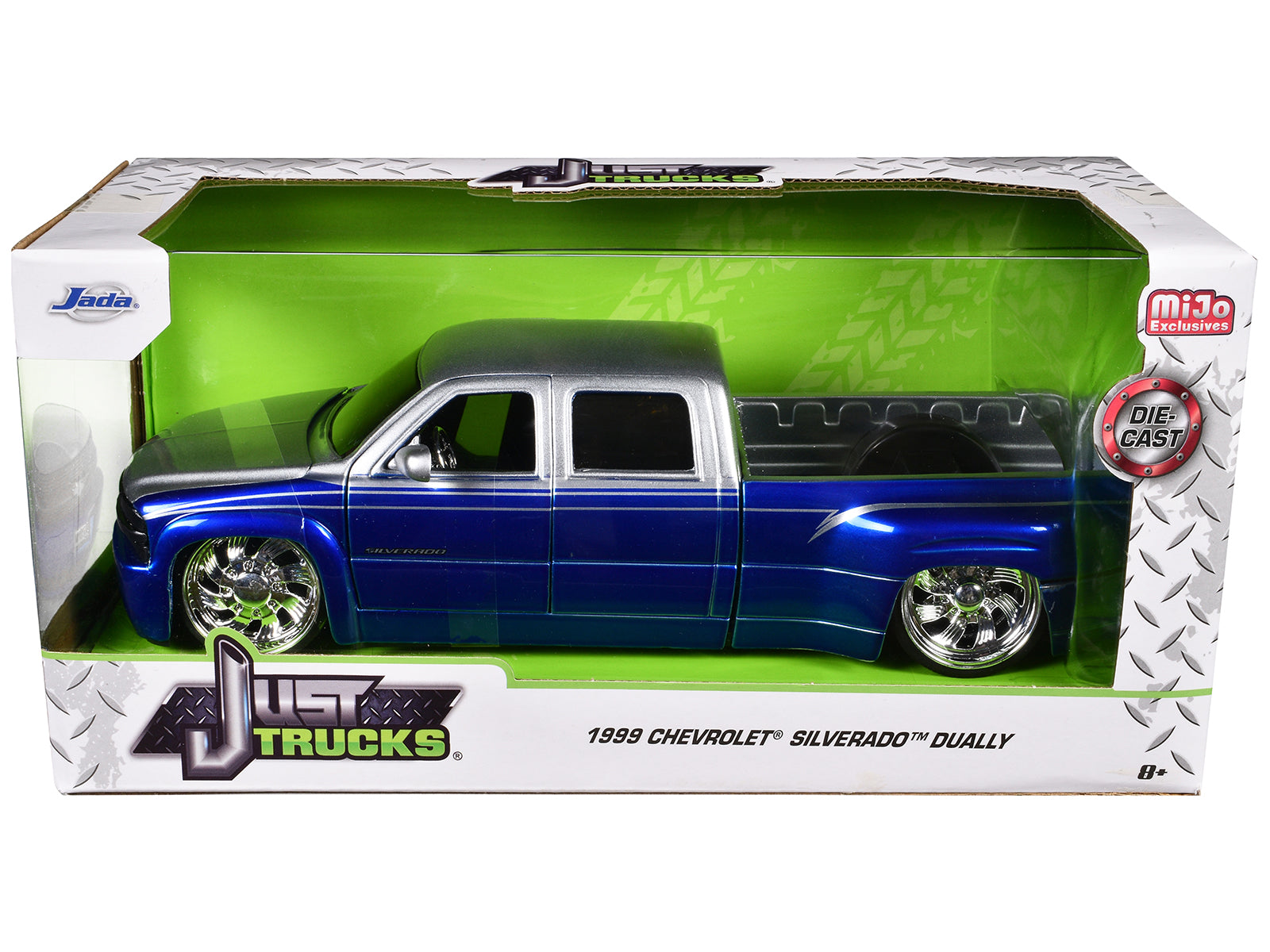 1999 Chevrolet Silverado Dually Pickup Truck Blue Metallic and Silver with Custom KMC Wheels "Just Trucks" Series 1/24 Diecast Model Car by Jada-DiecastModeler.com